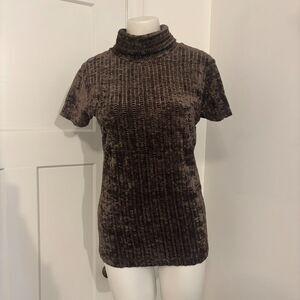 Vintage Betty Blue size Large Brown Chenille Ribbed Mock Neck Short Sleeve Top